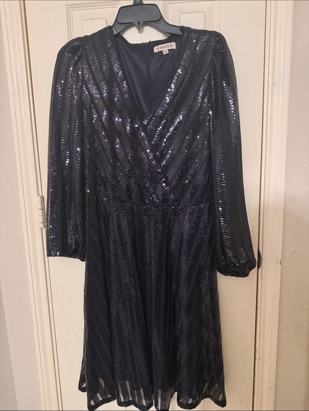 Nanette Lepore Navy Sequin Long-Sleeve V‑Neck Dress